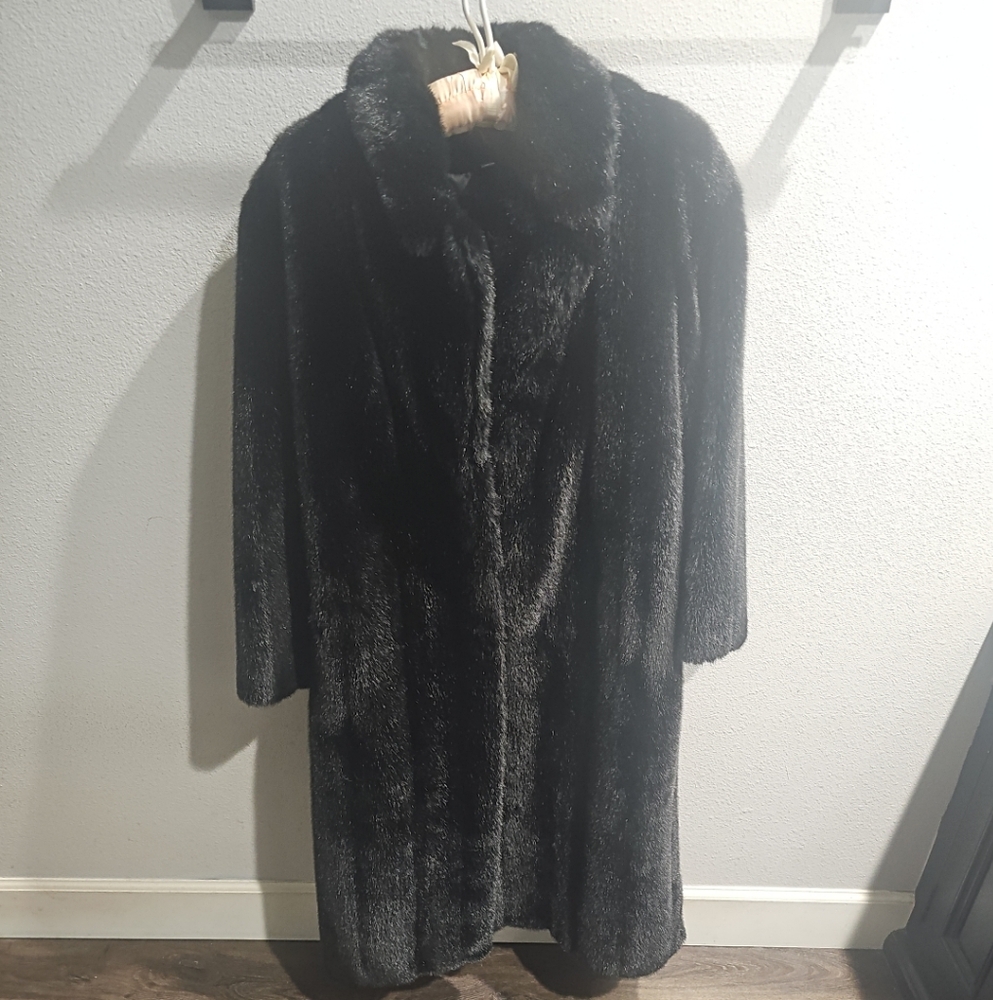 Vintage Luxury I. Magnin Mink Faux Fur Women Coat Jacket Long 42” Black Sz. 5/6